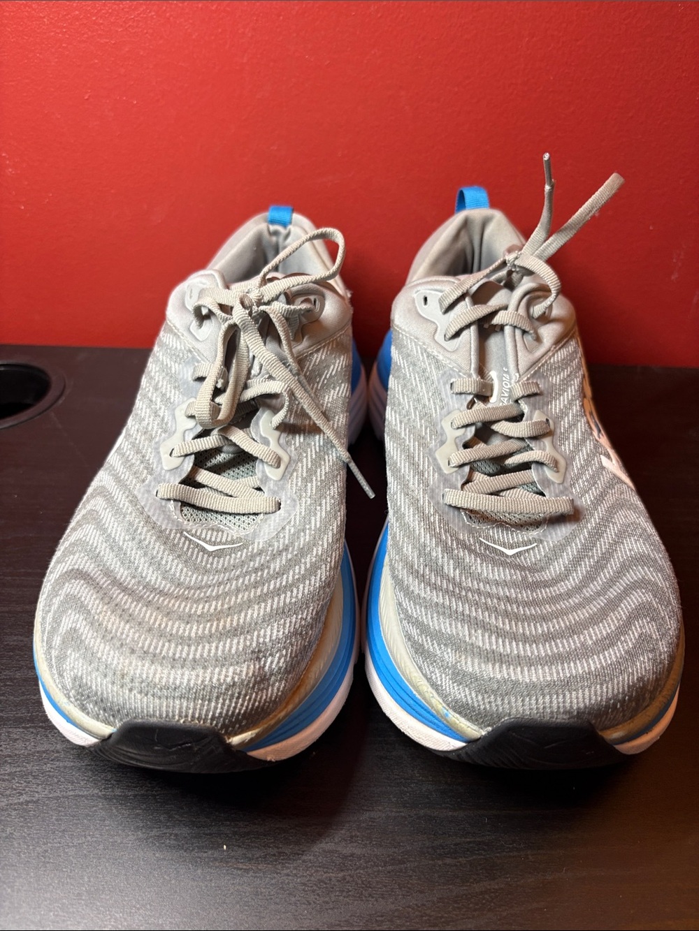 Hoka Men's Gray Knit Running Shoes with Blue Accents